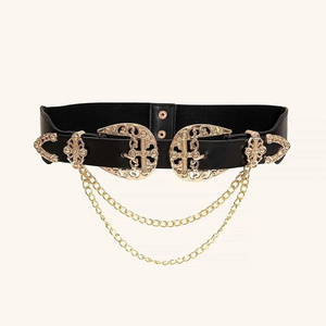 Wide Vintage Belt For Women Cowgirl Double Buckle Hollow Out Chain Detail Elastic Straps Retro Waist Belt For Women Dress Belt