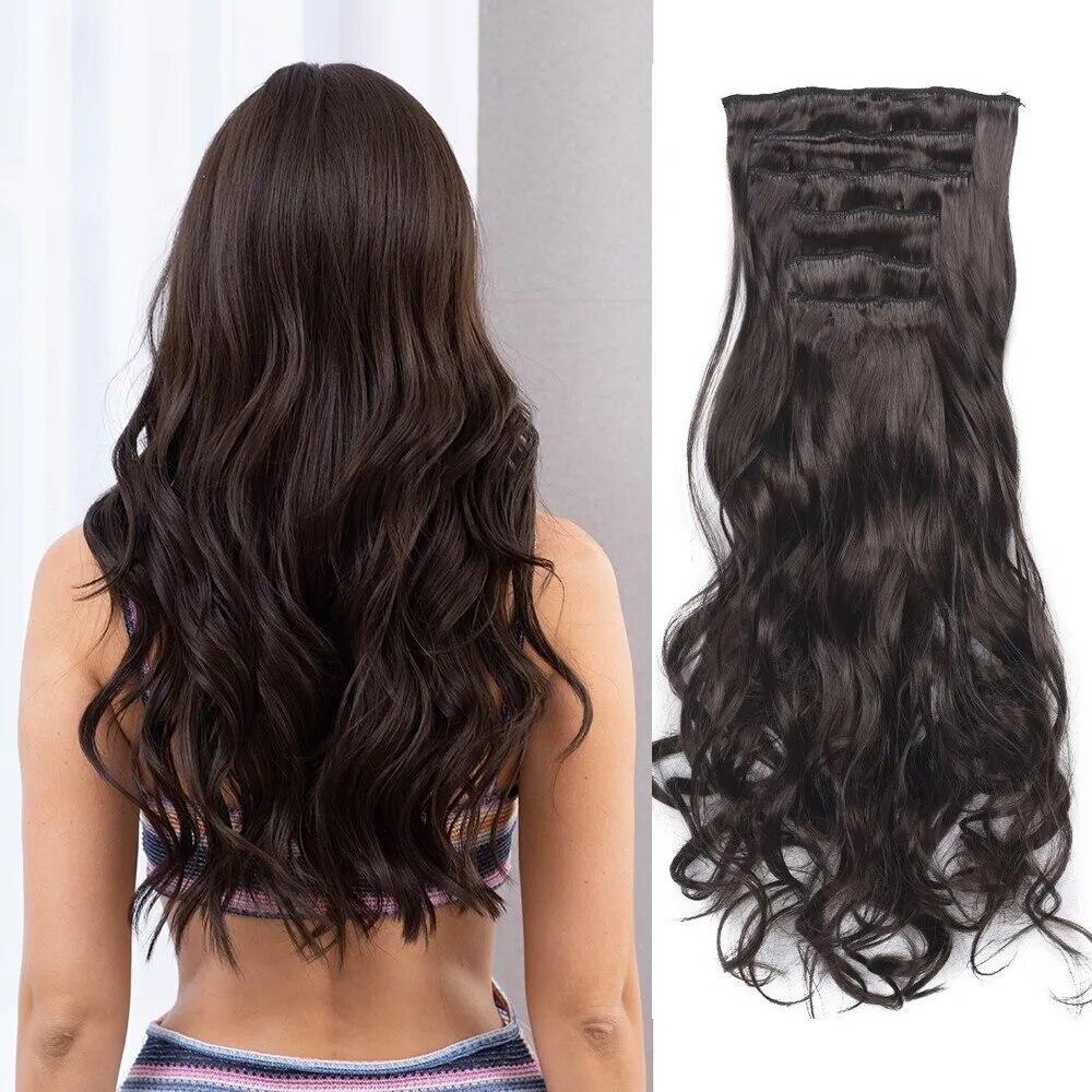 6 Pcs Long Soft Glam Waves Hairpieces Set Clip On Hair Extension Synthetic FiberDouble Weft Hair for Women