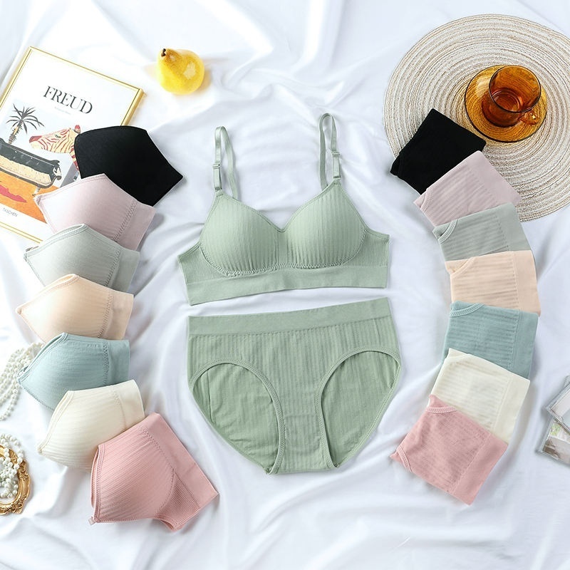 Seamless Cotton Bra Set by China Factory Padded Female Underwear with Fixed Cup and No Steel Ring for Women Students