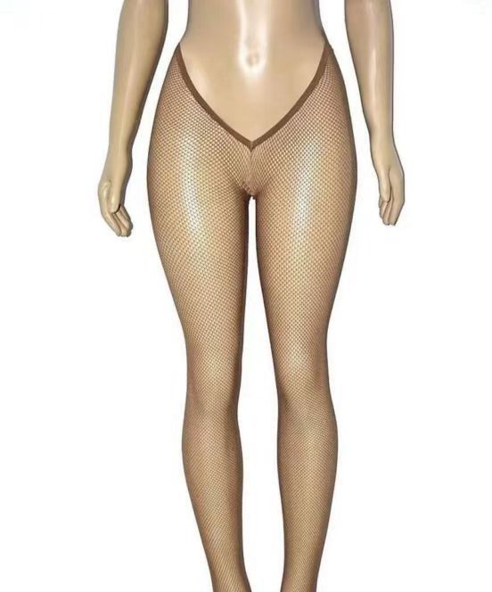 2023 New V-Cut Solid Skintone Glitter Fishnet Body Stockings Brown Free Women's Bodystocking Carnival Tights Black V-shape Mesh