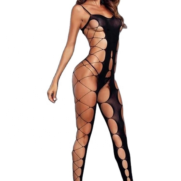 Women's Sexy Bodystocking Transparent Mesh Fishnet Full Body Stocking with Open Crotch Crotchless Knitted Lingerie