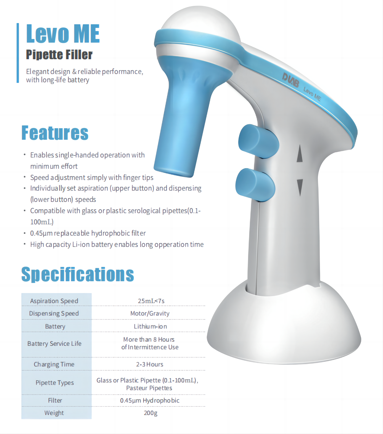 levo Me Pipette Filler for Electronic Pipette Controller for Glass or Plastic Pipettes with AC Adapter