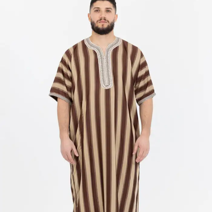 manufacturer islamic cloth MOROCCAN STRIPED SHORT SLEEVE THOBE - BROWN & CREAM EMBROIDERED