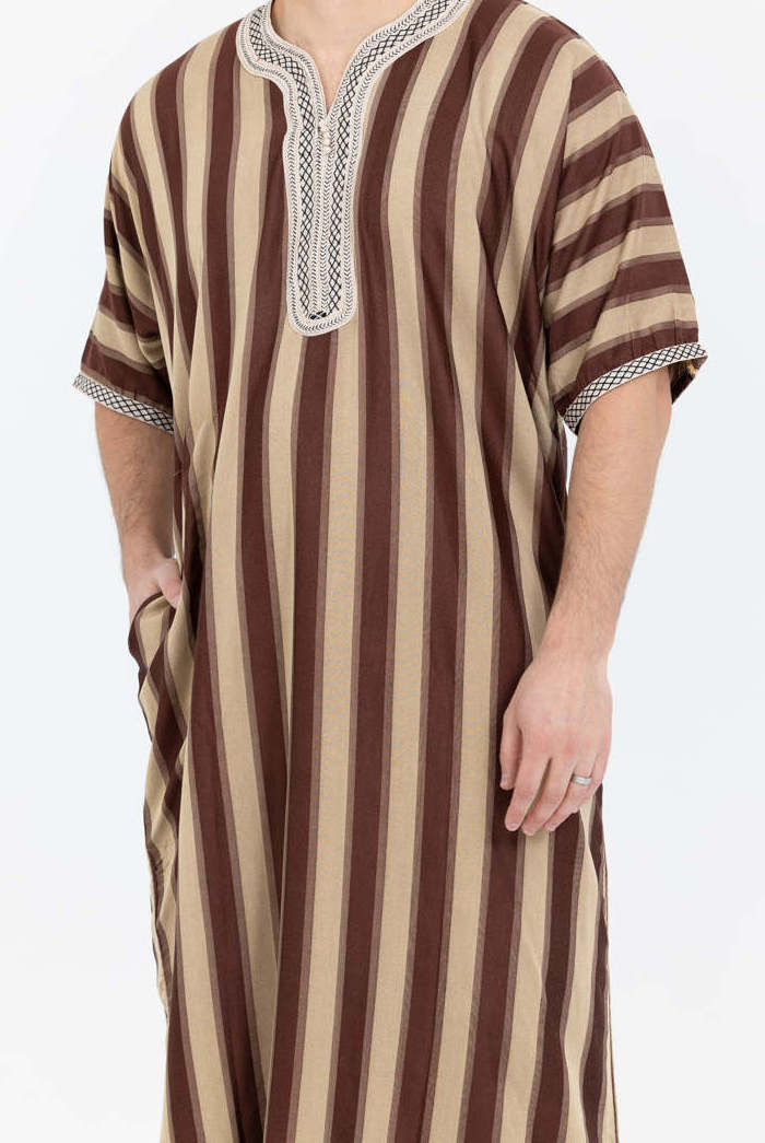 manufacturer islamic cloth MOROCCAN STRIPED SHORT SLEEVE THOBE - BROWN & CREAM EMBROIDERED