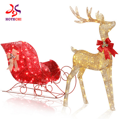 Christmas outdoor iron frame  3D animal reindeer with sled Christmas motif lights for Christmas decorations