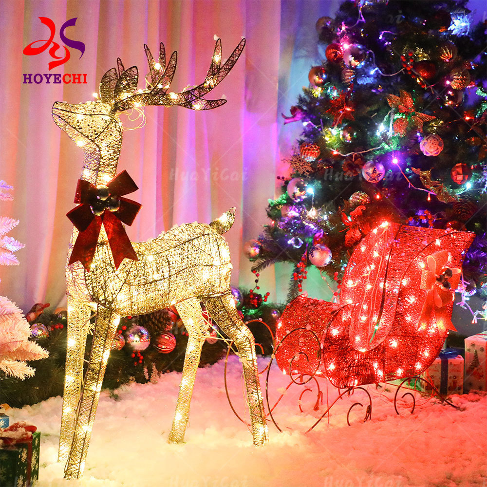 Christmas outdoor iron frame  3D animal reindeer with sled Christmas motif lights for Christmas decorations