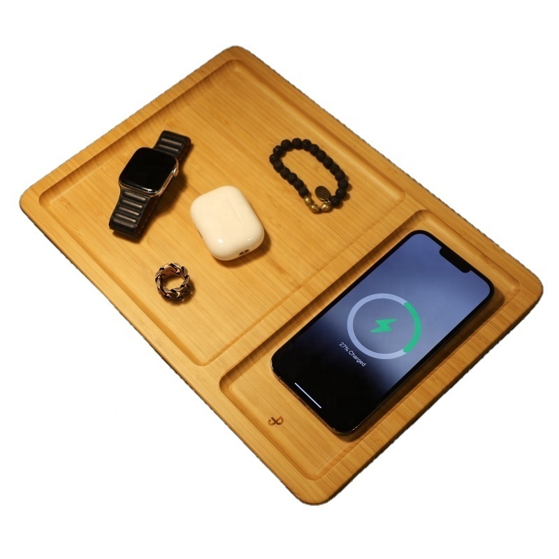 Valet Tray with Wireless Charging,Bamboo valet pallet  Desk and Nightstand Organizer