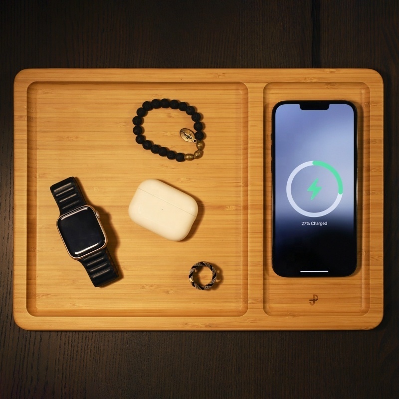 Valet Tray with Wireless Charging,Bamboo valet pallet  Desk and Nightstand Organizer