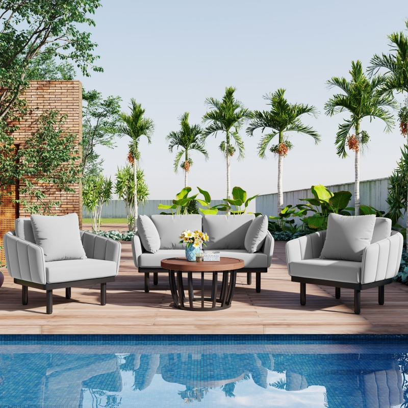 Outdoor sofa set with Acacia Wood Round Coffee Table,sofa set furniture outdoor, Loveseat+Arm Chairs,Free US shipping