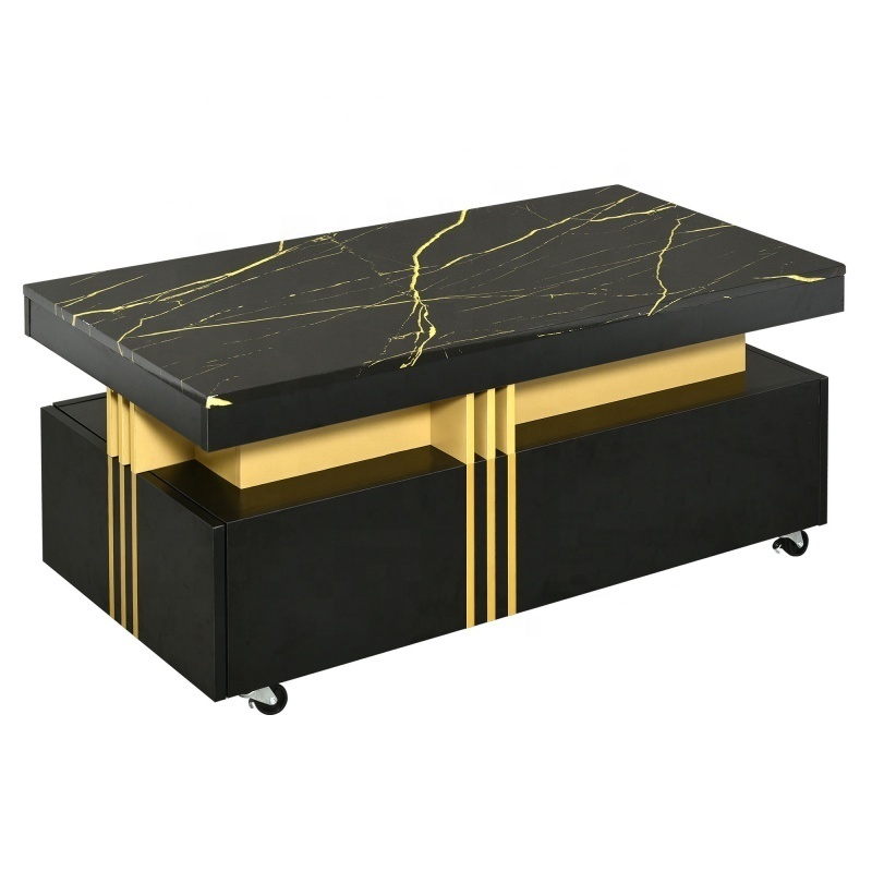 Contemporary Coffee Table with Faux Marble Top, Rectangle Cocktail Table with Caster Wheels for Living Room