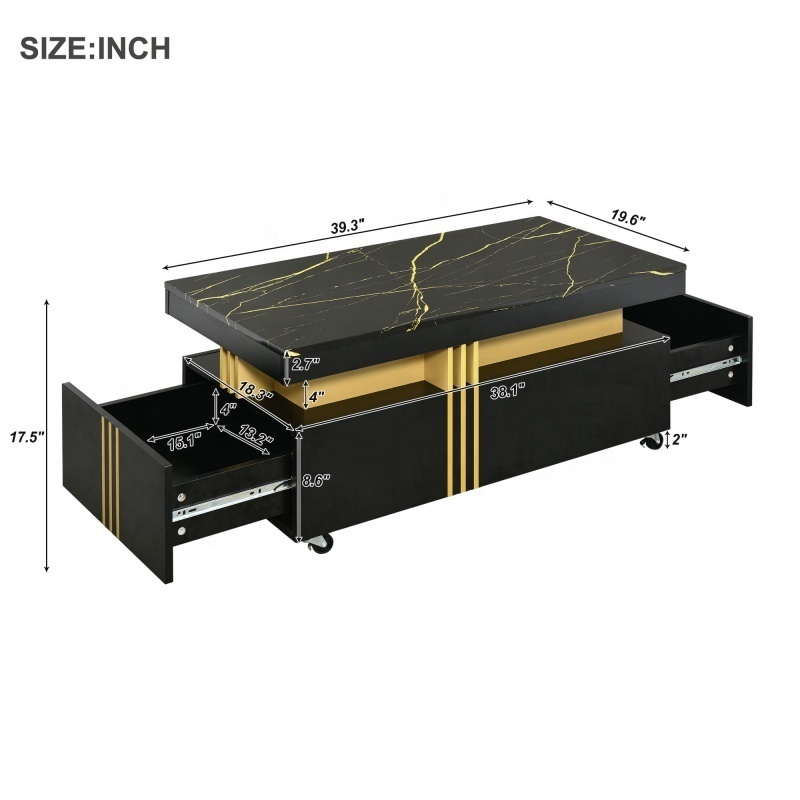 Contemporary Coffee Table with Faux Marble Top, Rectangle Cocktail Table with Caster Wheels for Living Room