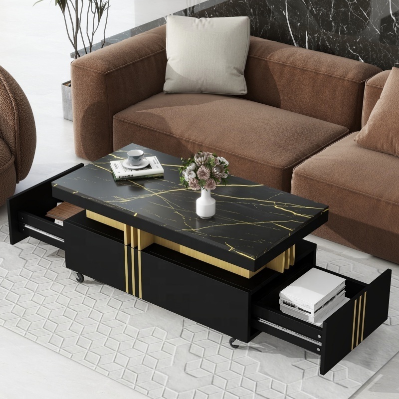 Contemporary Coffee Table with Faux Marble Top, Rectangle Cocktail Table with Caster Wheels for Living Room