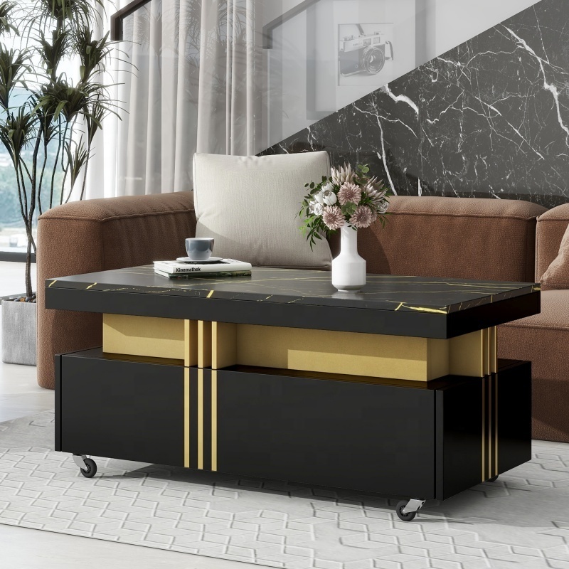 Contemporary Coffee Table with Faux Marble Top, Rectangle Cocktail Table with Caster Wheels for Living Room