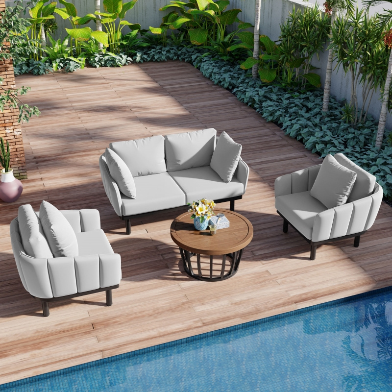 Outdoor sofa set with Acacia Wood Round Coffee Table,sofa set furniture outdoor, Loveseat+Arm Chairs,Free US shipping