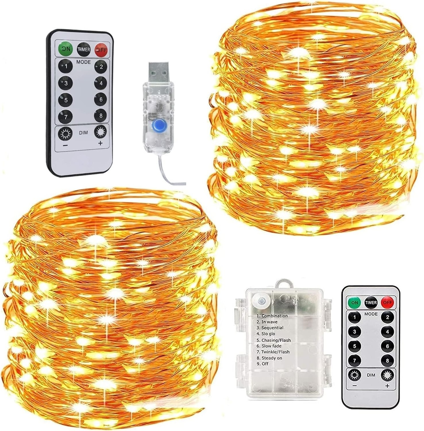 Waterproof Remote Control Fairy Lights Battery/USB Operated 8 Modes String Copper Wire LED String Lights For Holiday Decoration