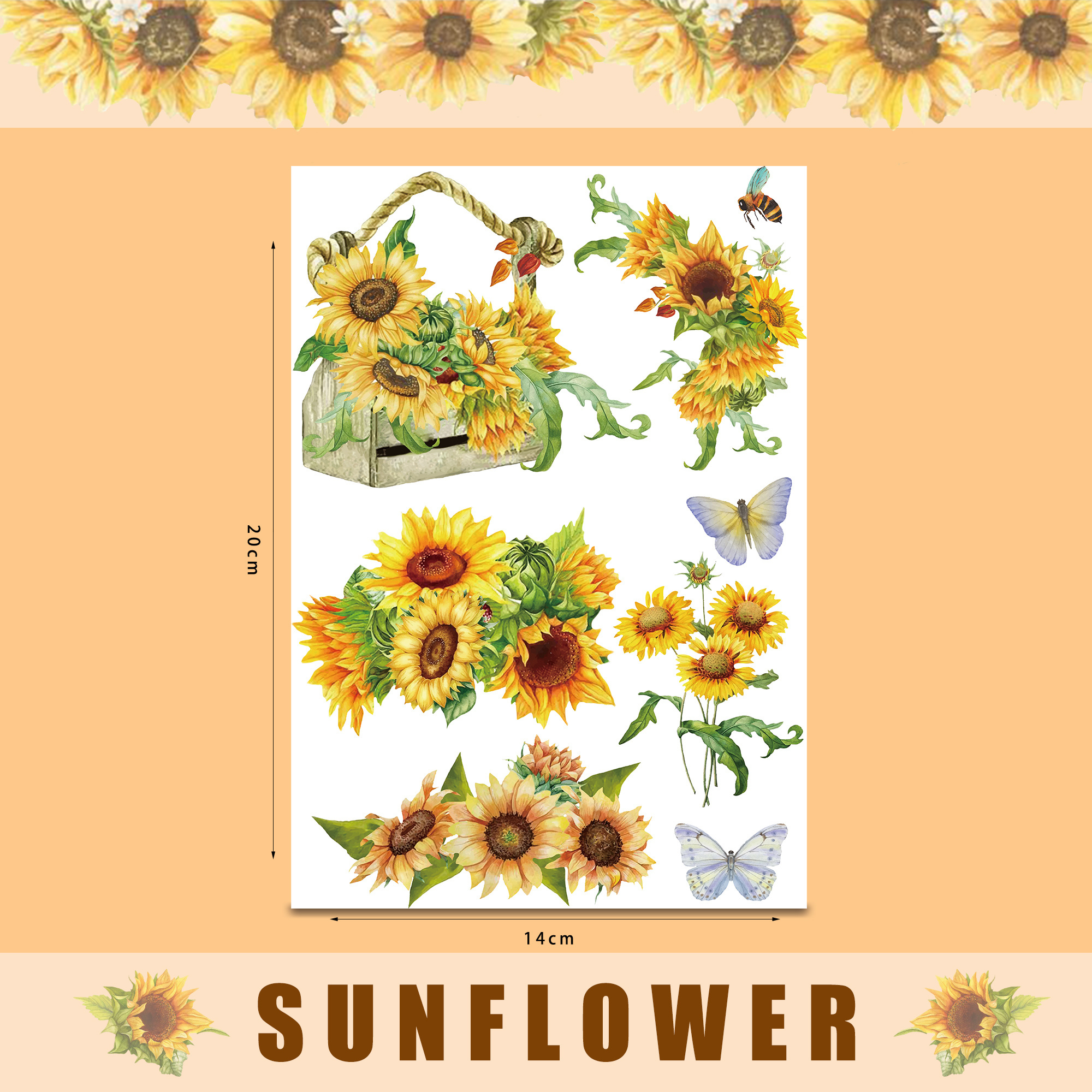 9 Sheets Sunflower Pattern Rub on Transfers Window Furniture Clings Stickers Pressure Sensitive Sticker for Wedding Party