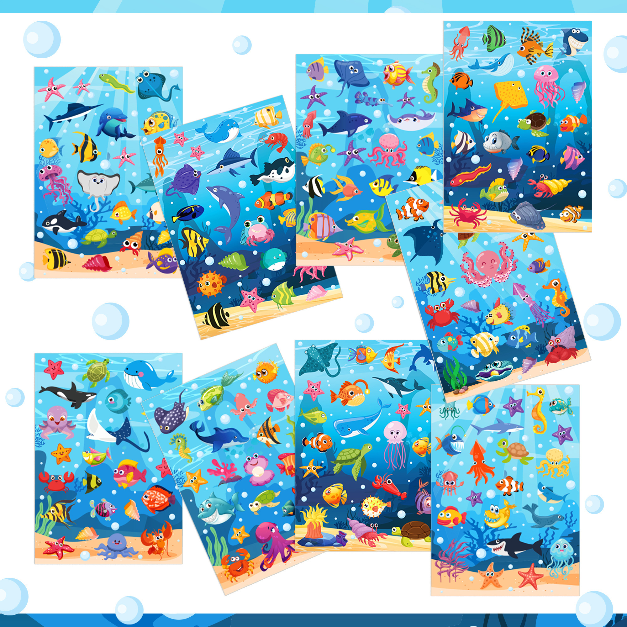 9 Sheets Ocean Sea Animal Stickers Tropical Fish Shark Wall Stickers Adhesive Decals for Skateboard Kids Party Supplies