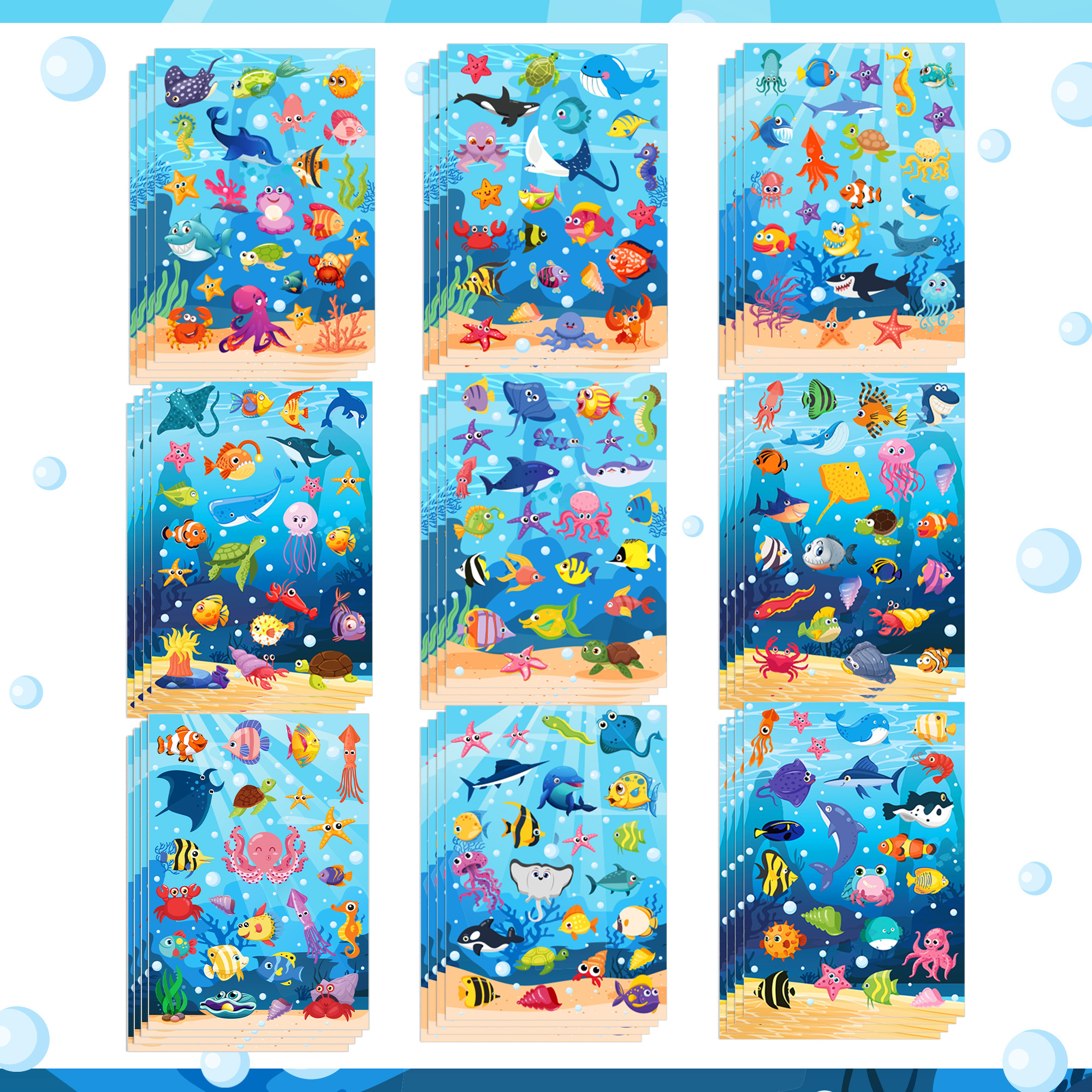 9 Sheets Ocean Sea Animal Stickers Tropical Fish Shark Wall Stickers Adhesive Decals for Skateboard Kids Party Supplies