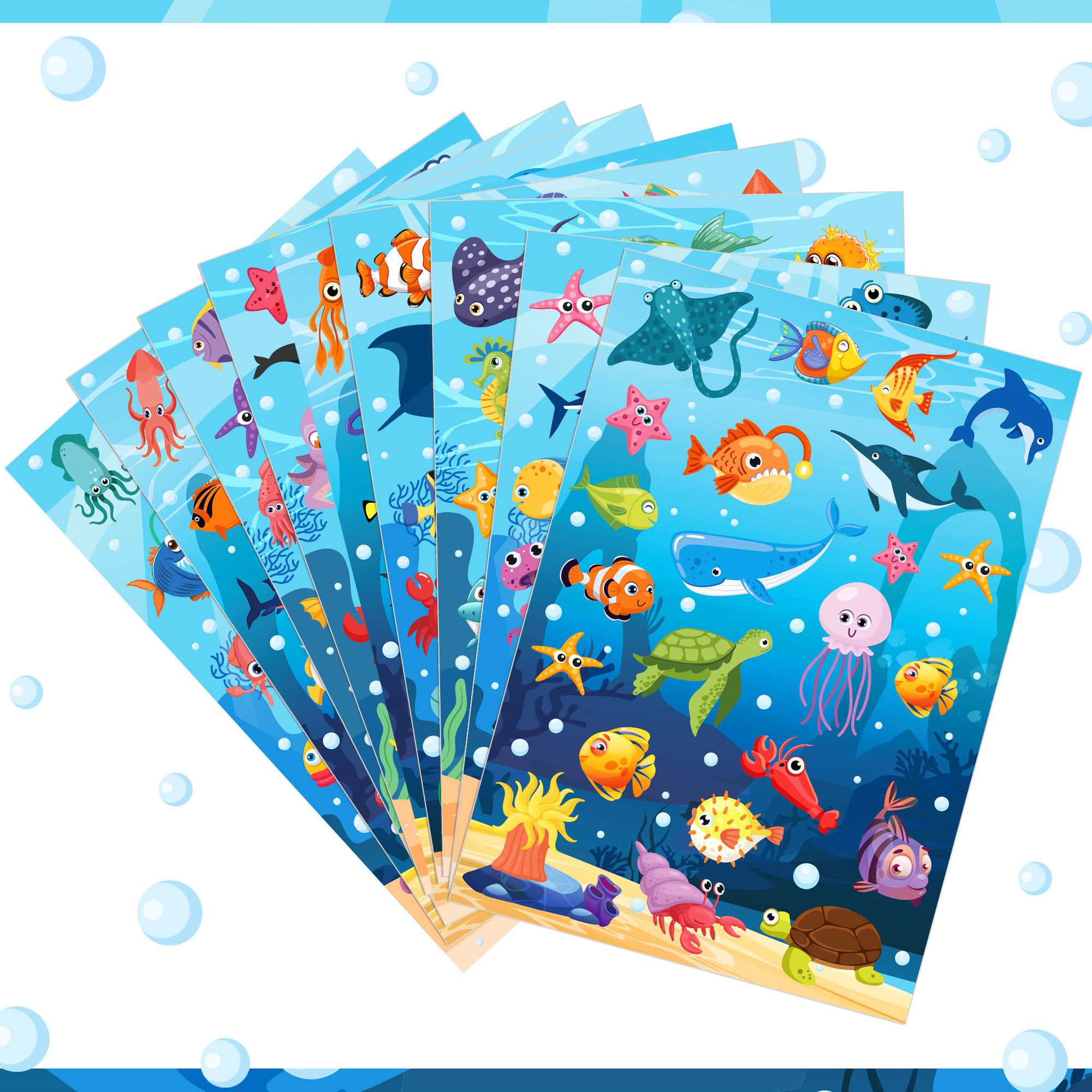 9 Sheets Ocean Sea Animal Stickers Tropical Fish Shark Wall Stickers Adhesive Decals for Skateboard Kids Party Supplies