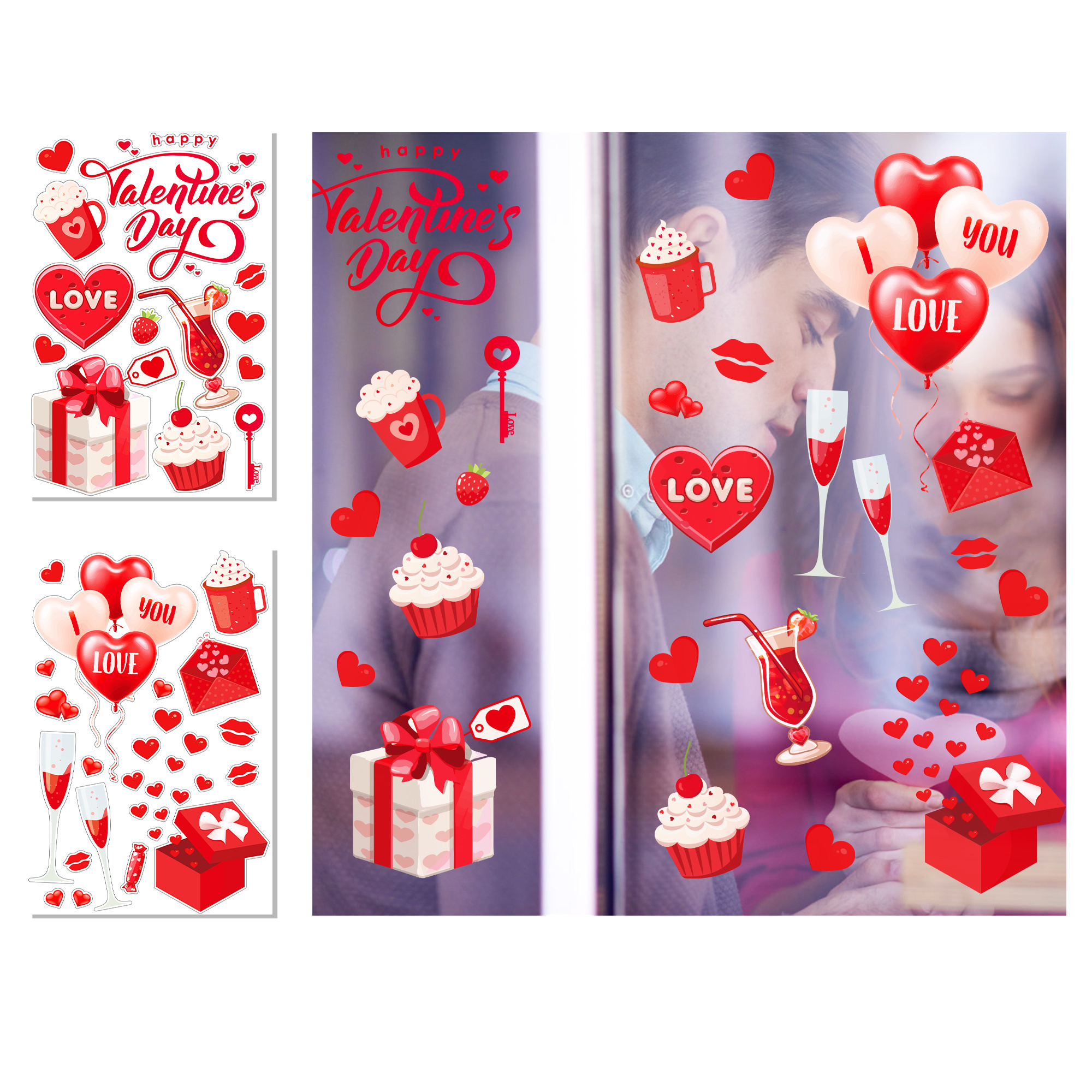 8 Sheets Valentine's Day Window Stickers Red Rose Love Heart Tree Window Clings Decals for Home Office Glass Party Decor