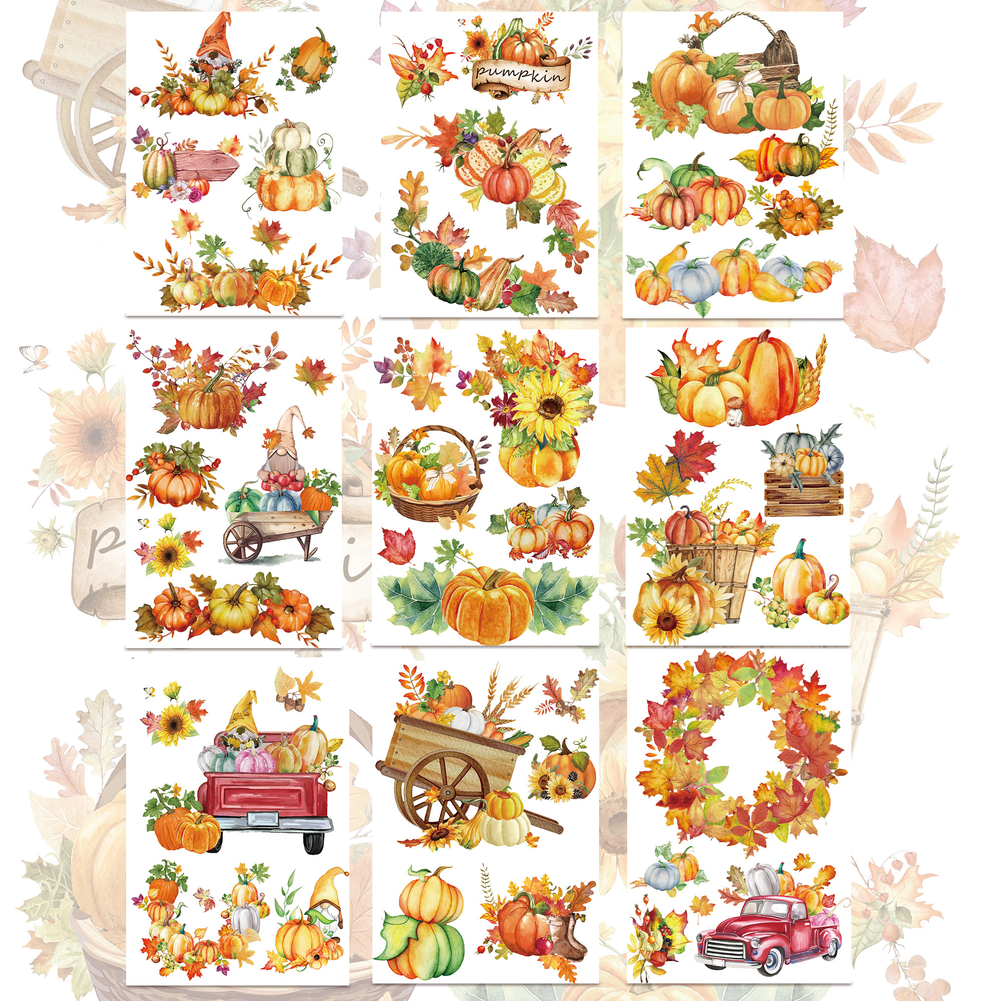 9 Sheets Thanksgiving Fall Rub on Transfers Window Furniture Clings Stickers Pressure Sensitive Sticker for Autumn Party