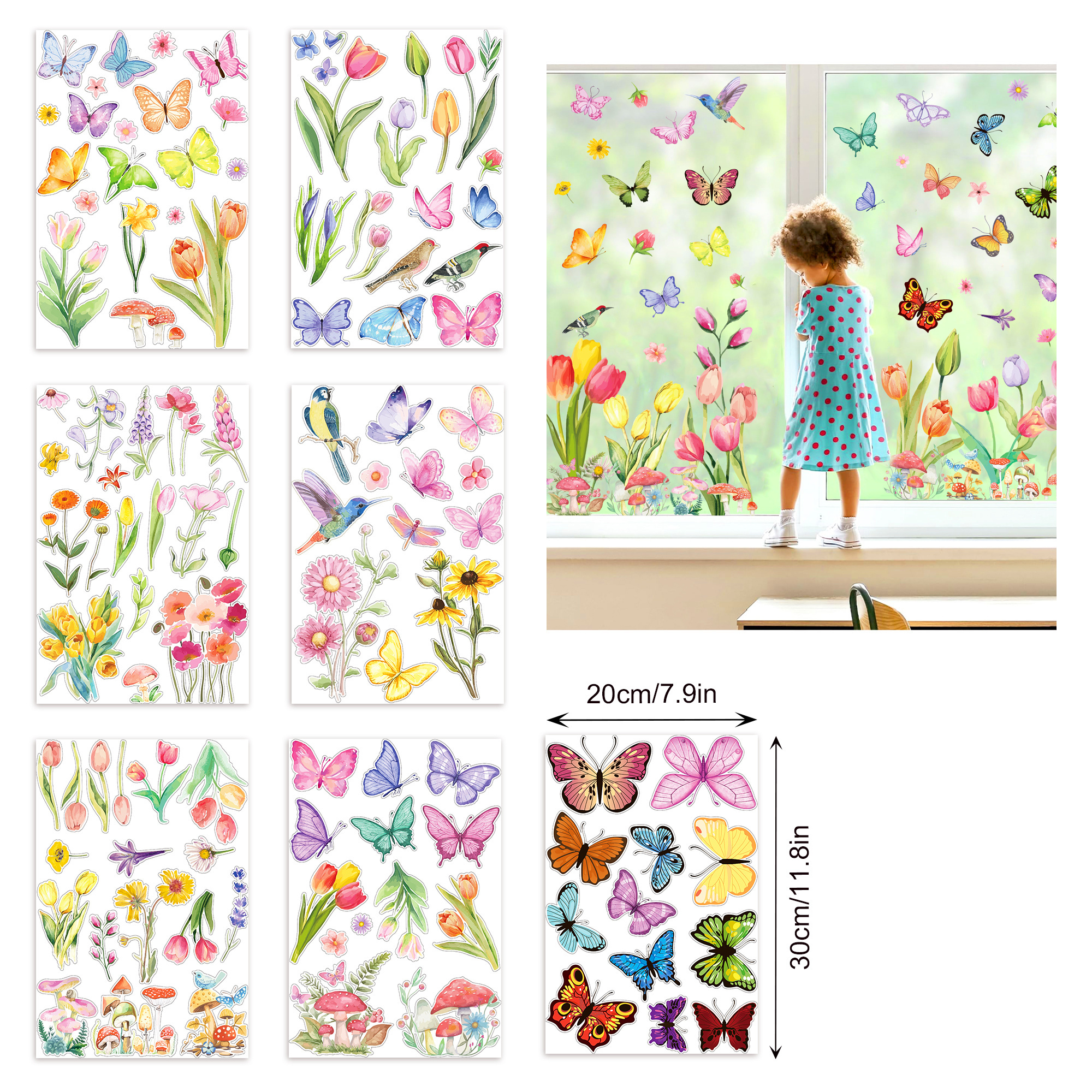 8 Sheets Spring Window Stickers Tulip Butterfly Flowers Window Clings Decals for Home Office Glass Party Decorations