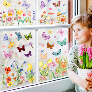 8 Sheets Spring Window Stickers Tulip Butterfly Flowers Window Clings Decals for Home Office Glass Party Decorations