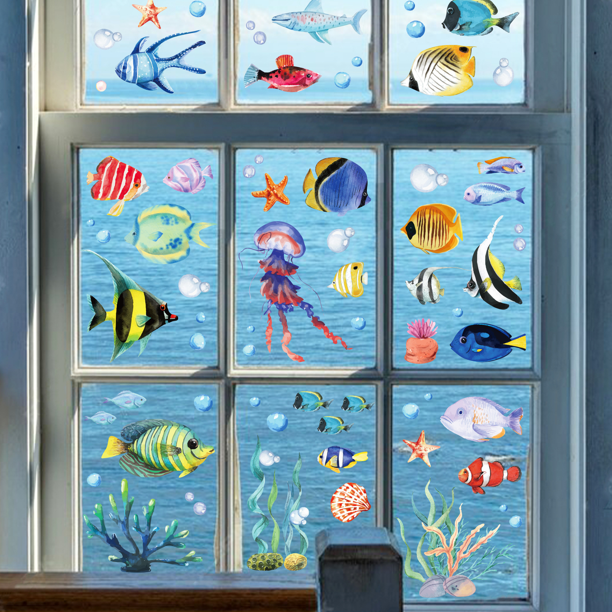 DM021 Tropical Fish Window Stickers Home Office School Glass Window Clings Decals for Underwater World Party