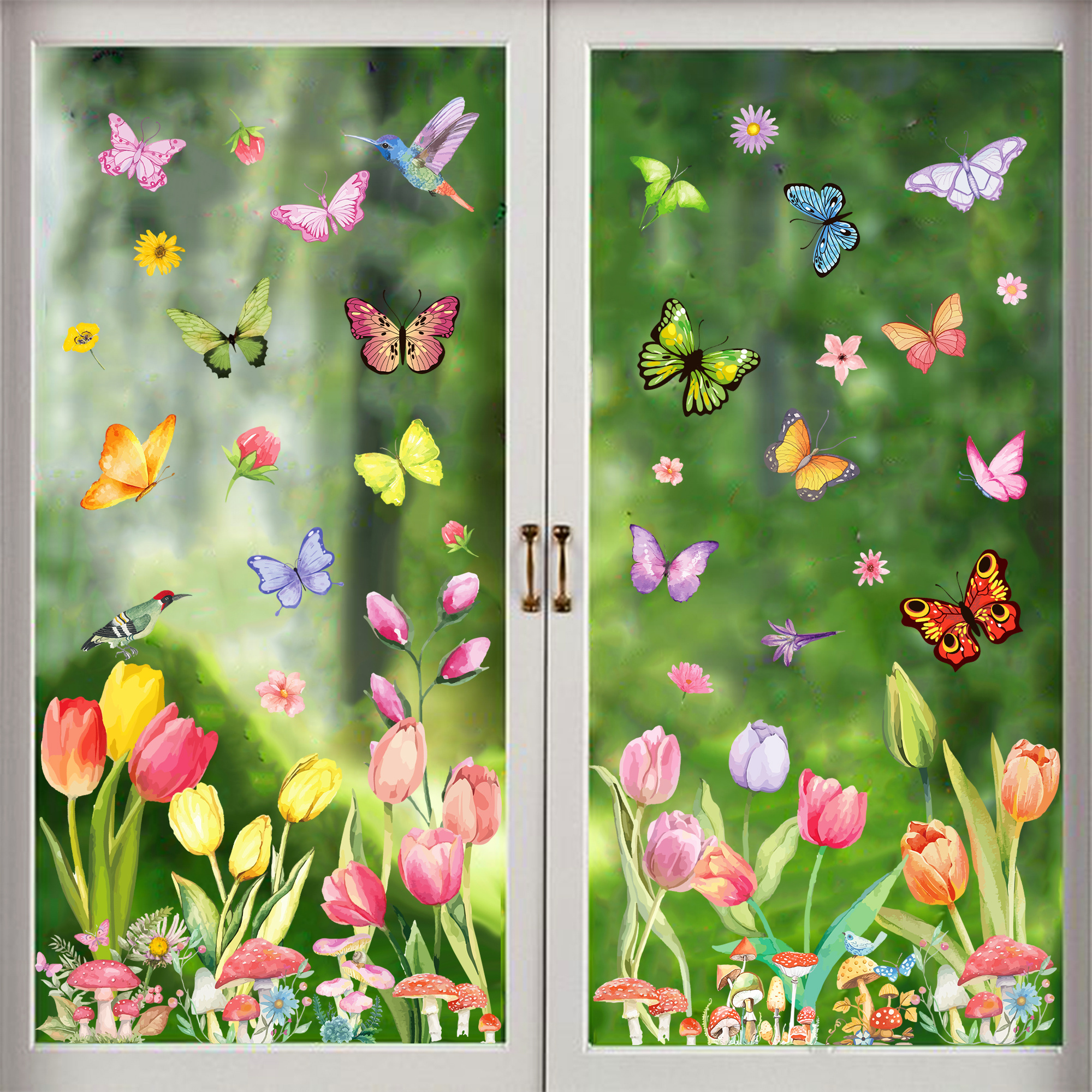 8 Sheets Spring Window Stickers Tulip Butterfly Flowers Window Clings Decals for Home Office Glass Party Decorations