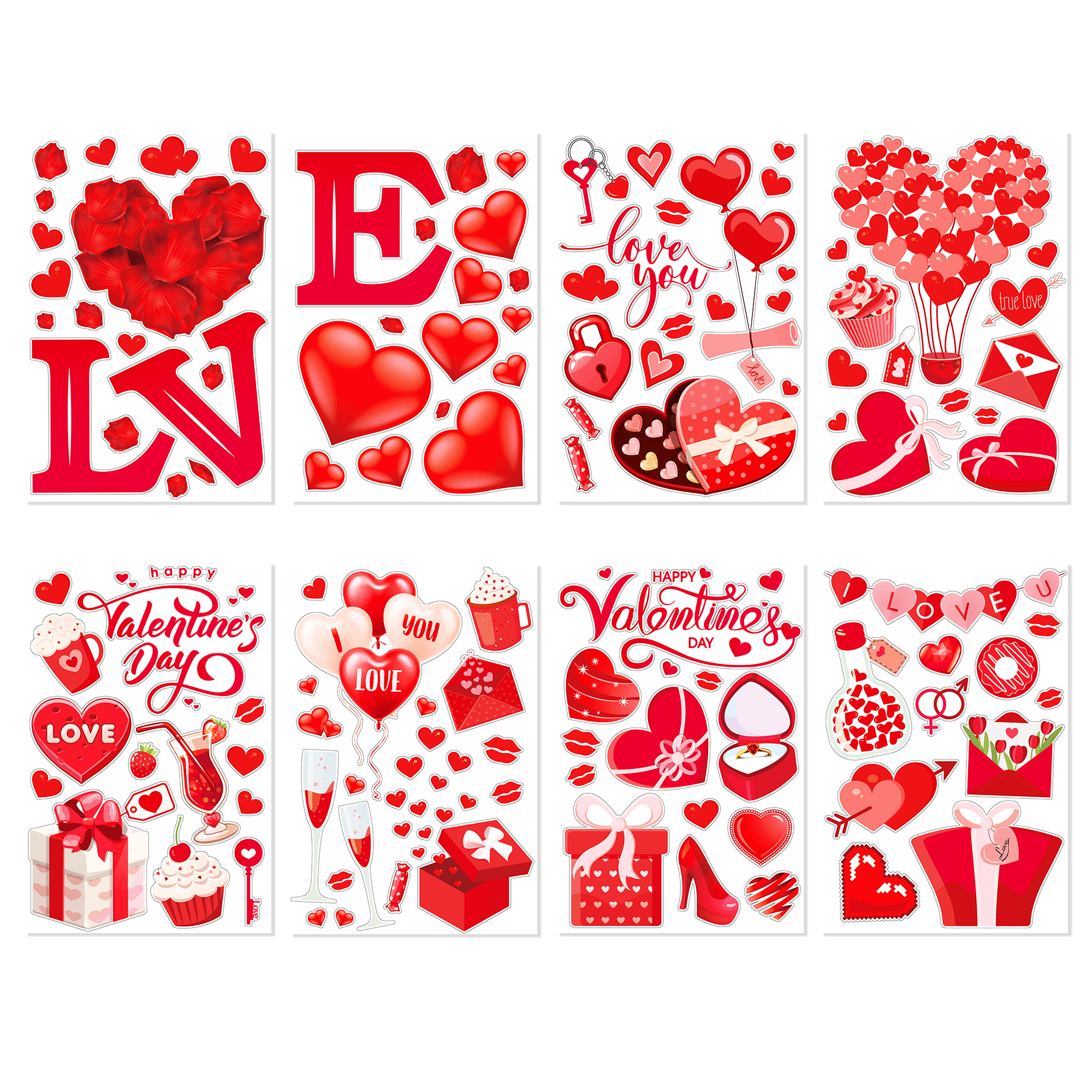 8 Sheets Valentine's Day Window Stickers Red Rose Love Heart Tree Window Clings Decals for Home Office Glass Party Decor