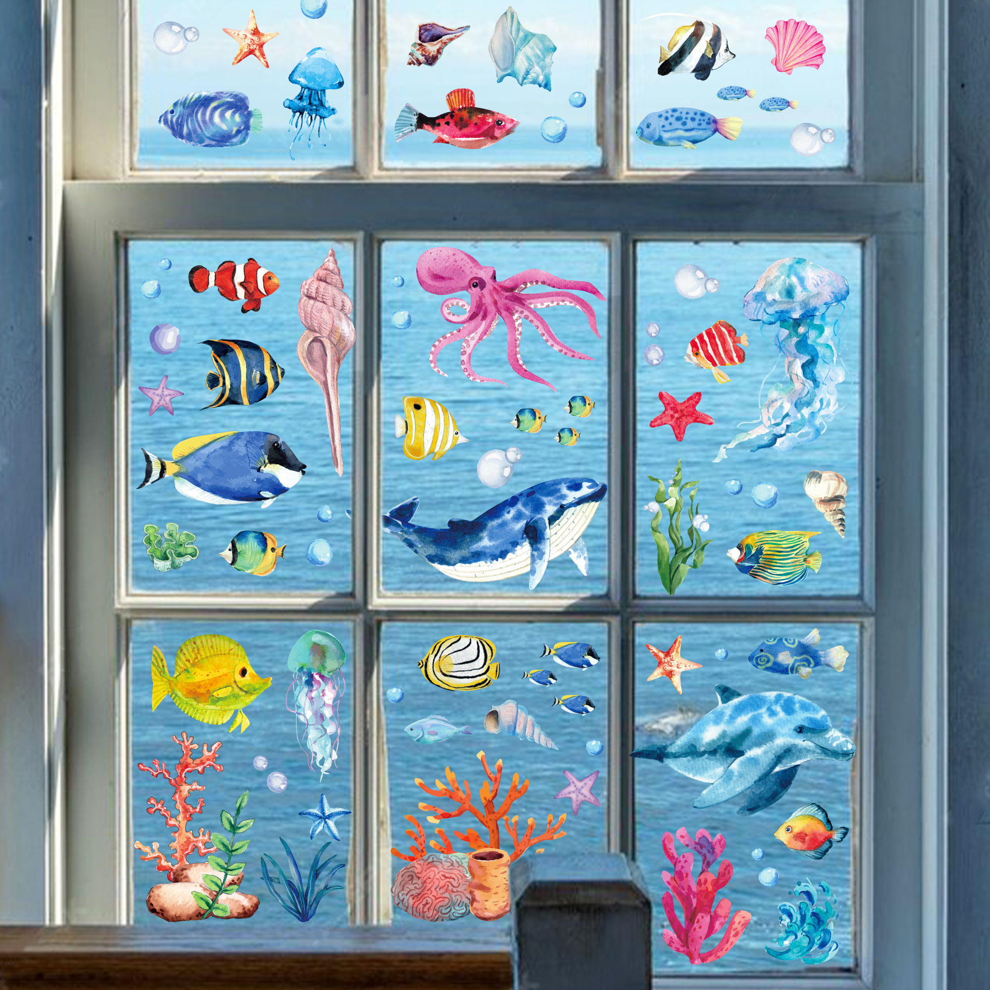 DM020 Benthic Organisms Window Stickers Home Office School Glass Window Clings Decals for Underwater World Party