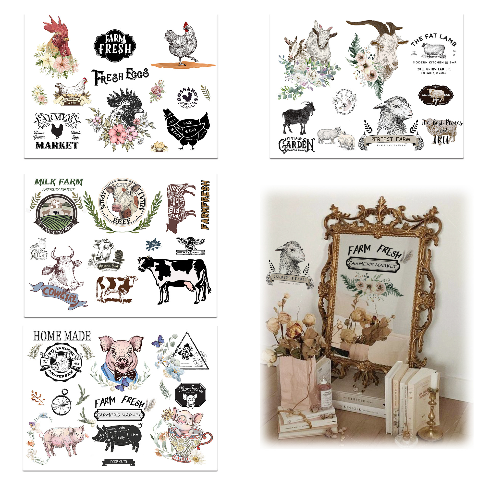 GY001 Farm Animals Rub on Transfers Window Furniture Clings Stickers Pressure Sensitive Sticker for Party Decoration