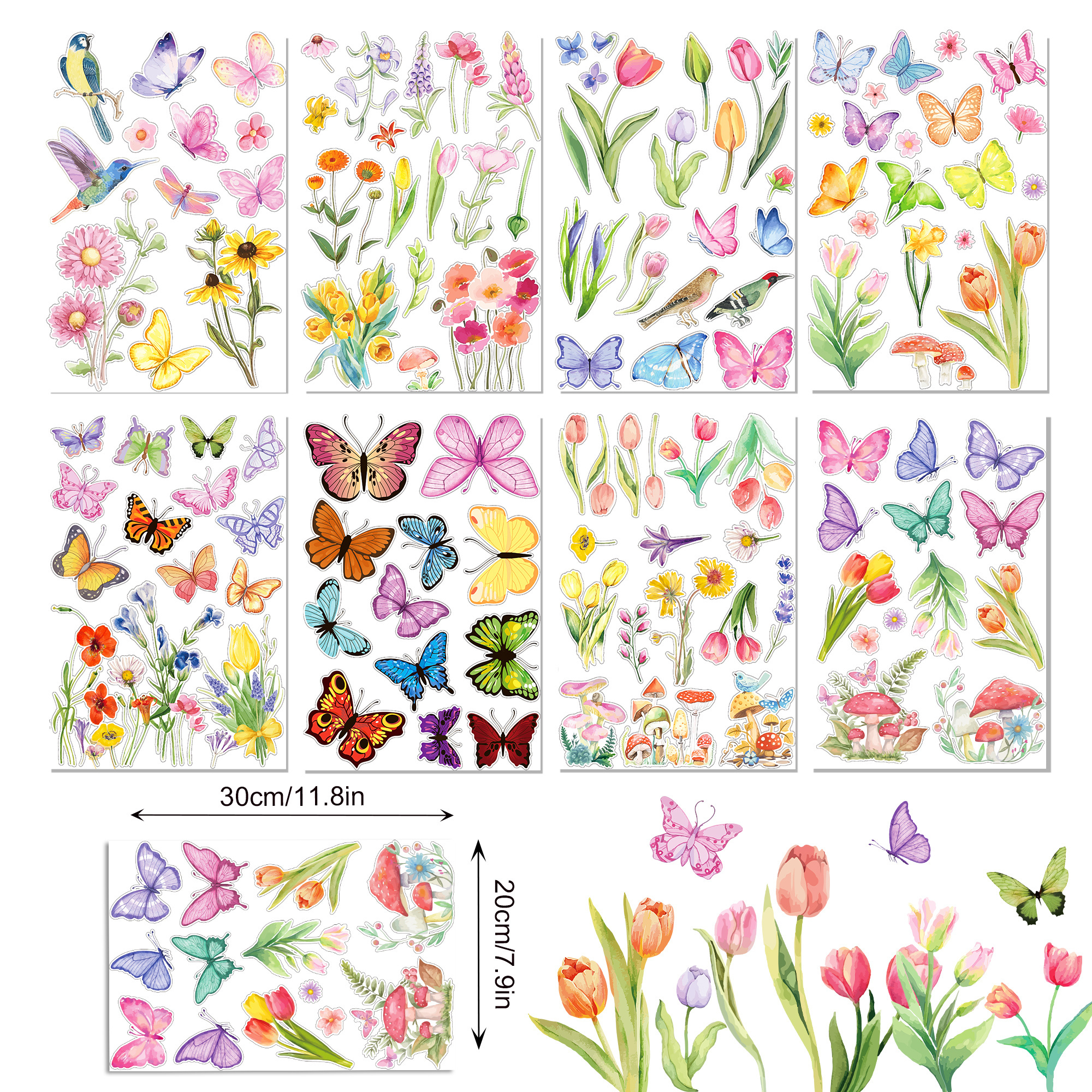 8 Sheets Spring Window Stickers Tulip Butterfly Flowers Window Clings Decals for Home Office Glass Party Decorations