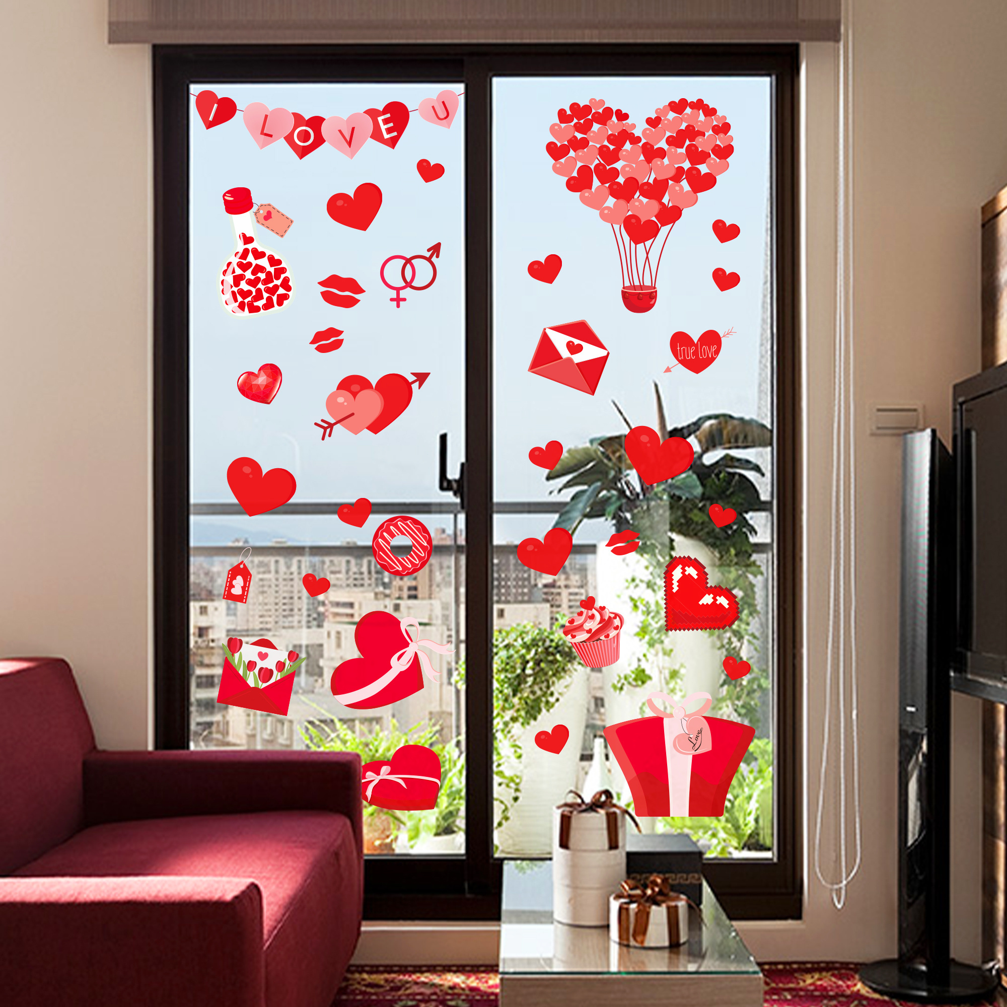 8 Sheets Valentine's Day Window Stickers Red Rose Love Heart Tree Window Clings Decals for Home Office Glass Party Decor