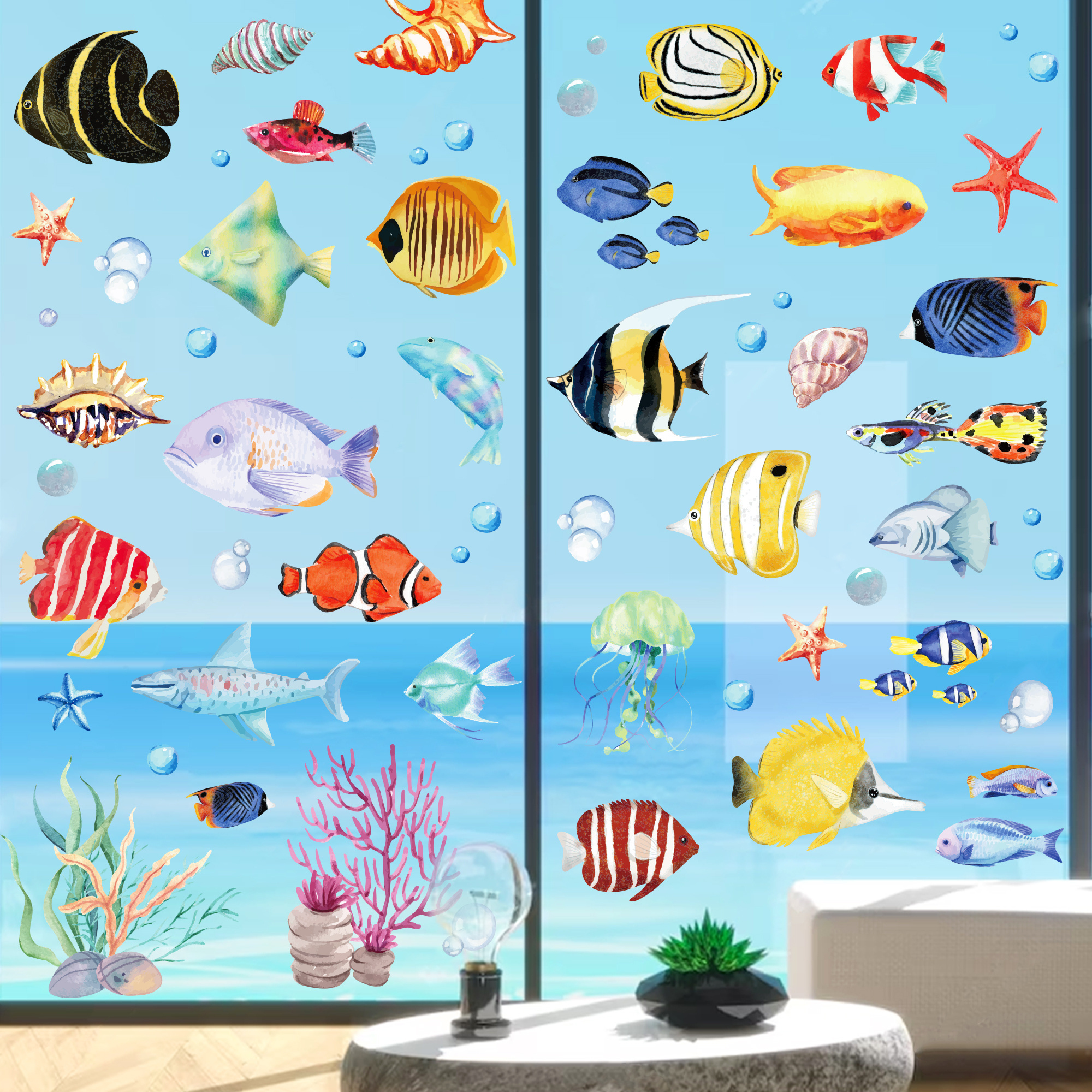 DM021 Tropical Fish Window Stickers Home Office School Glass Window Clings Decals for Underwater World Party