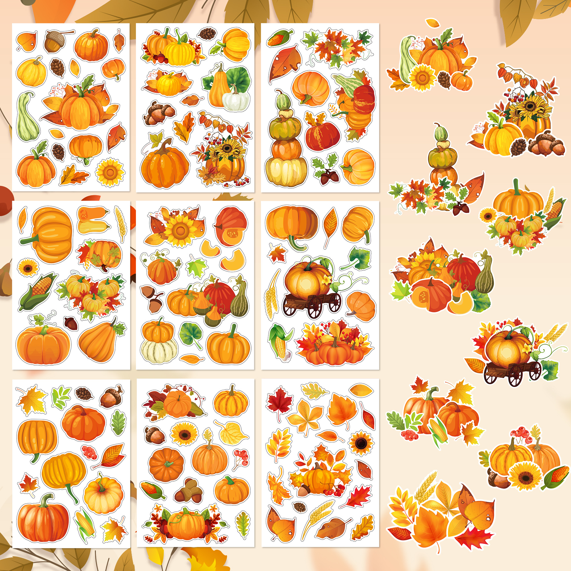 9 Sheets Thanksgiving Fall Stickers Maple Leaf Pumpkin Stickers Harvest Decals for Scrapbooking Bags Kids Party Supplies