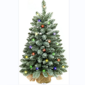 Factory Snow Flocked Artificial Mini Decoration Christmas Tree with Color Led Lights and Burlap Base