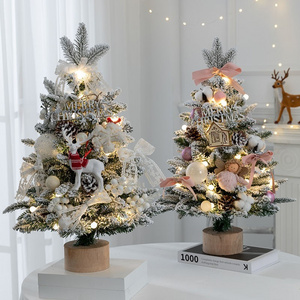 45cm Promotional Party Supplies Mini Snow Flocked PE  Artificial Tabletop Christmas Tree with Wooden Base for Home Decor