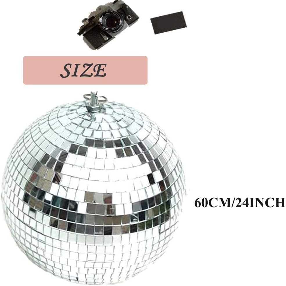 24 Inch Large Disco Ball Decorations Silver Rotating Glass Mirror Ball with Hanging Ring for Holiday Decoration