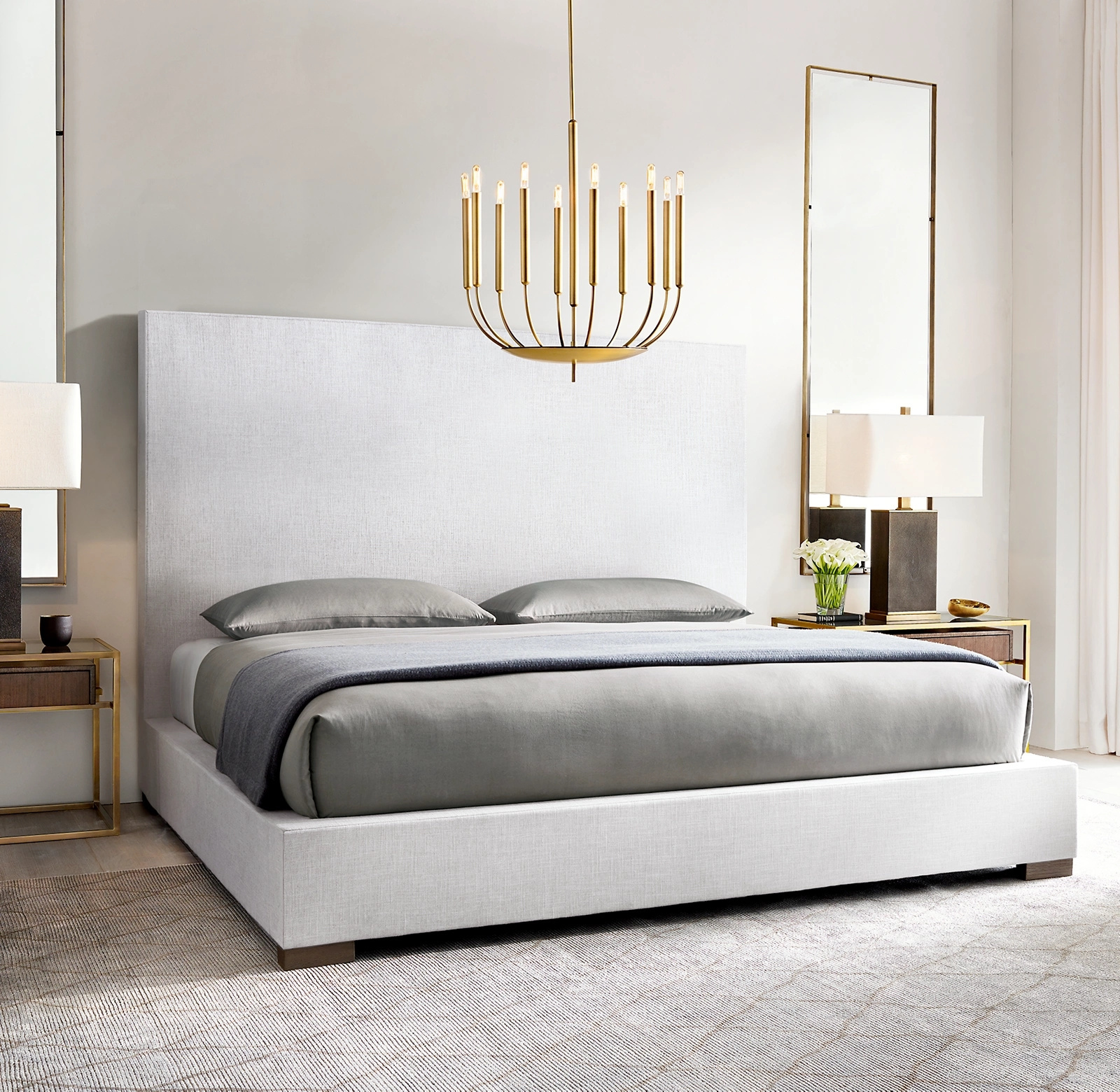 White Italian Texture King Bed Modena Fabric Panel Platform Bed Queen Bed