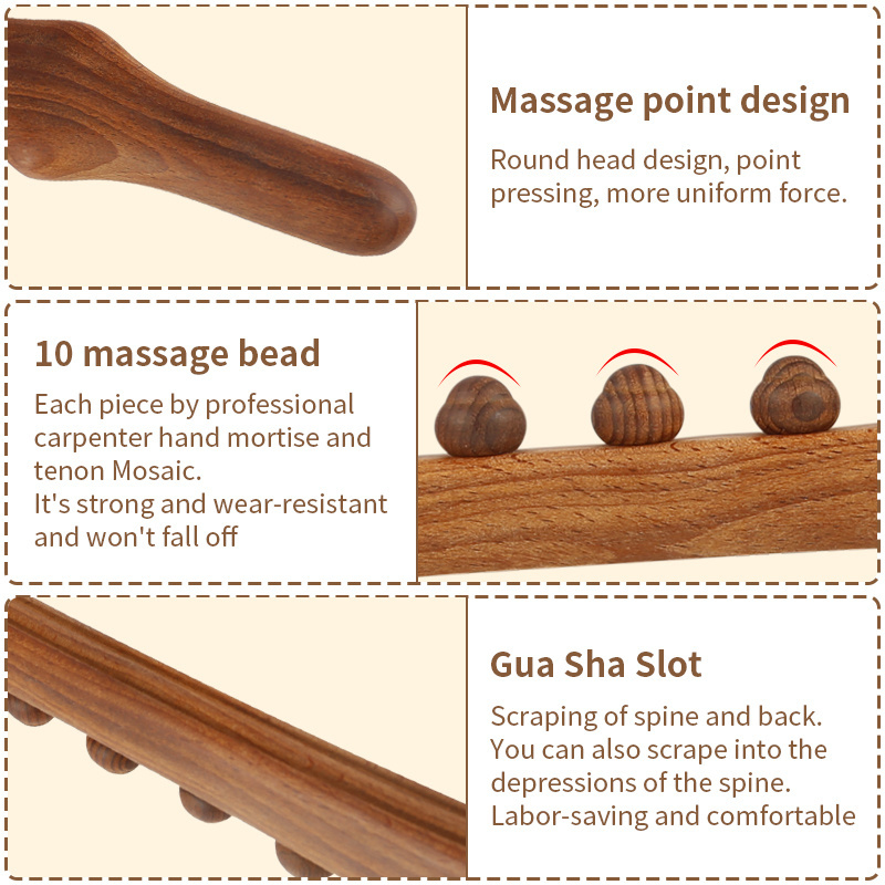 New Design Wholesale 10 Beads Massage Roller Stick Natural Wood Gua Sha Tool for Body Back SPA Massager