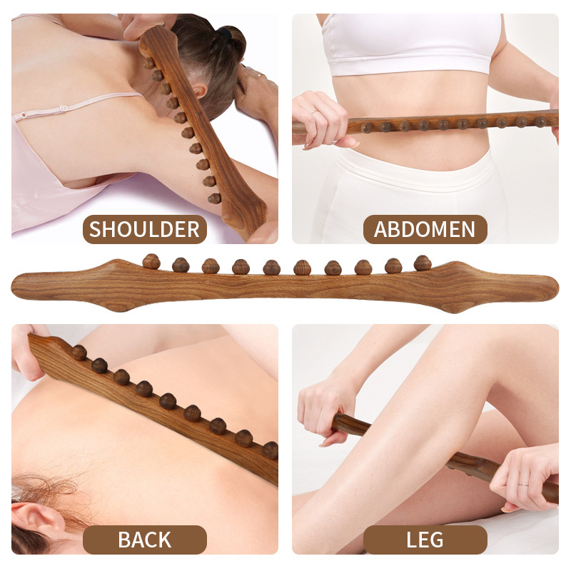 New Design Wholesale 10 Beads Massage Roller Stick Natural Wood Gua Sha Tool for Body Back SPA Massager