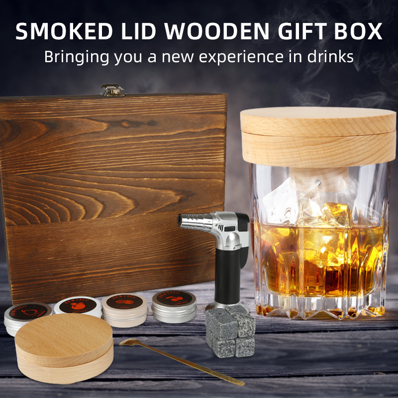 Wooden Box Cocktail Smoker Kit Gift Set Whiskey Smoker Infuser Kit for Drinking with Ice  Stones Cubes Torch and Wood Chips