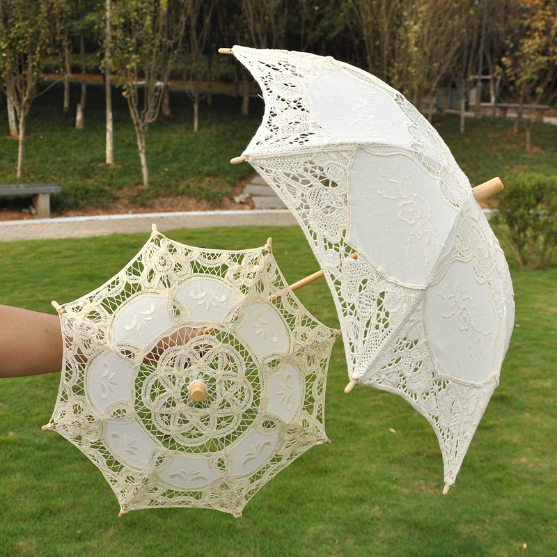 Large Handmade Artificial White Umbrella Vintage Lace Manual Opening  Umbrella Black Bride Parasol For Wedding Sun Umbrella