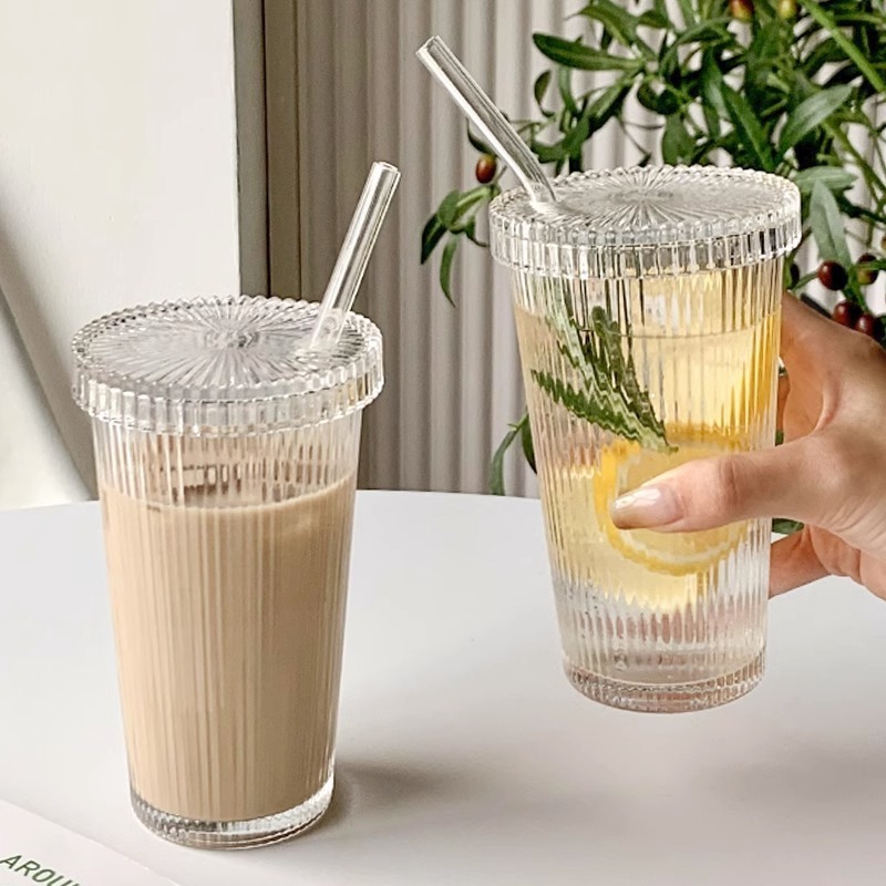 Wholesale Glass Tumblers Ribbed  American Coffees Mug cup  With Glass Lid And Straw Ice Cream Clear Bottles Borosilicate glass