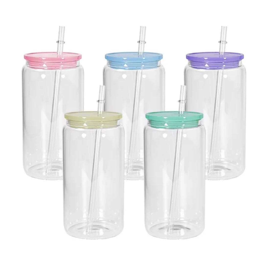 16oz 20oz Custom Logo Sublimation Beer Clear Juice Tea Can Frosted Glasses Cups Tumbler With Plastic Lid Glass Straw