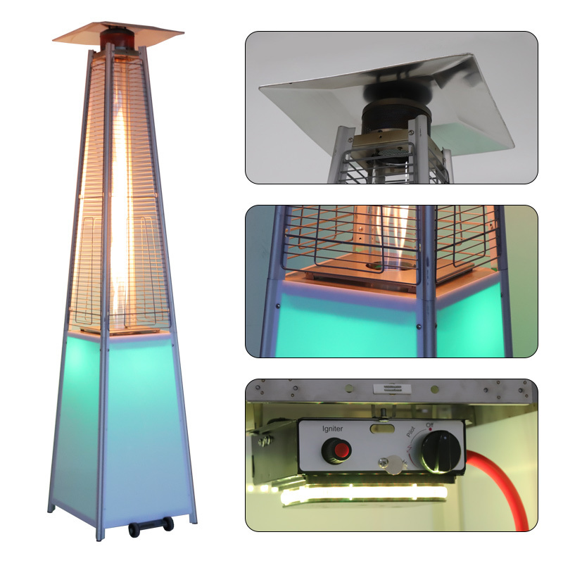 Outside Freestanding Quadrilateral Pyramid Led Glass Tube Outdoor Propane Gas Patio Heater