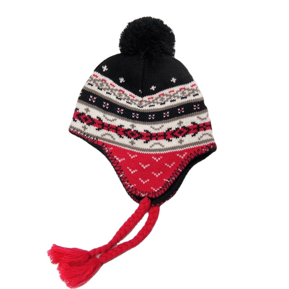 New design winter warm jacquard knitted ear flap hat with big pom  and braid