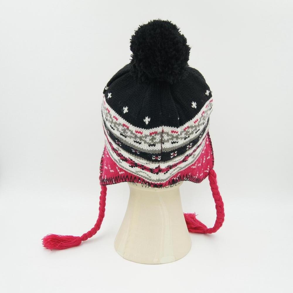 New design winter warm jacquard knitted ear flap hat with big pom  and braid