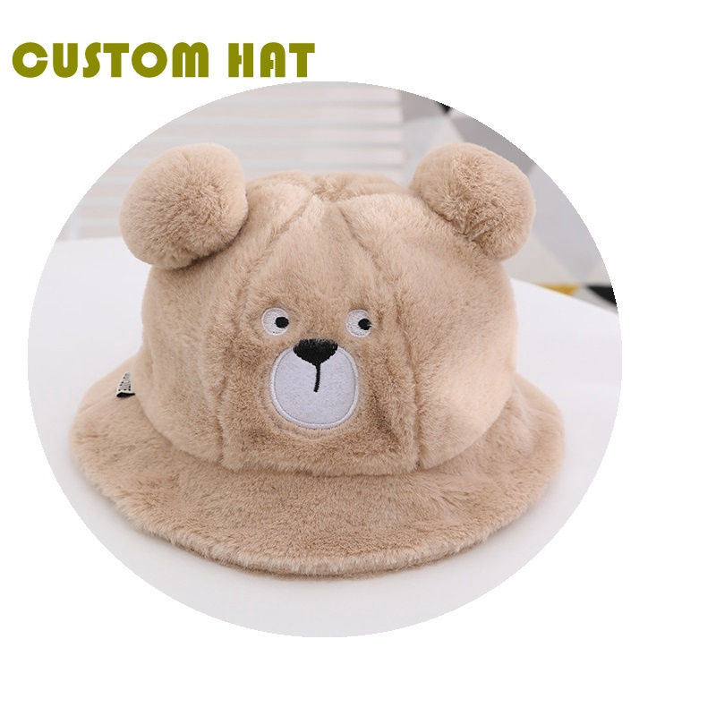 Embroidery Bucket Hat Warm Outdoor Custom Designer Animal Winter Cozy Plush Fluffy Furry Fuzzy 100% Polyest Faux Fur  Hats